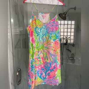 Lily Pulitzer Dress, silk and coral looking with bright colors.